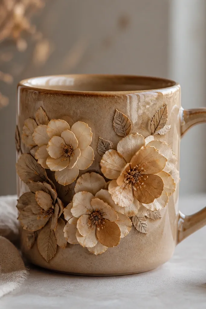 A beige-brown mug decorated with layered, tea-stained paper flower shapes and a few tiny leaf cutouts, sealed glossy.