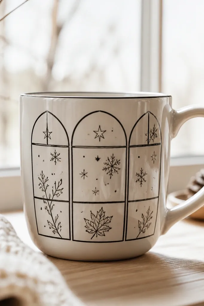 A mug with a window-like frame drawn in black, filled with simple seasonal doodles (stars, snowflakes, leaves) and a clear glossy finish.