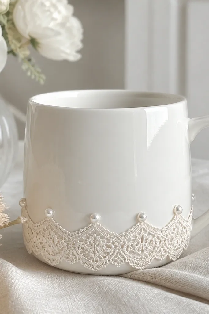 A mug with lace trim wrapped around the lower rim area and small pearl-like dots spaced along the lace edge, all glossy and neat.