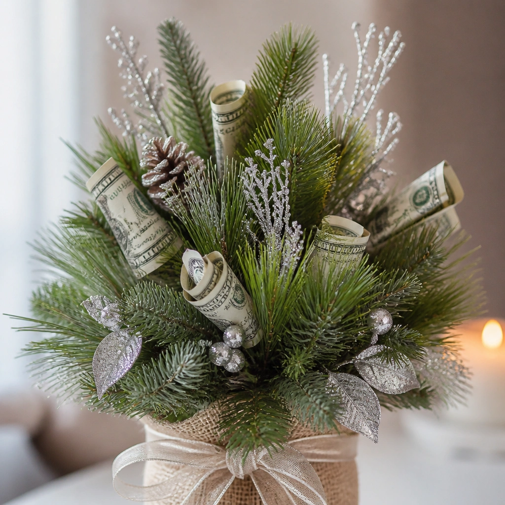 A mini evergreen bouquet with pine-needle green stems, silver glitter accents, and tiny clusters of folded bills tucked like ornaments.