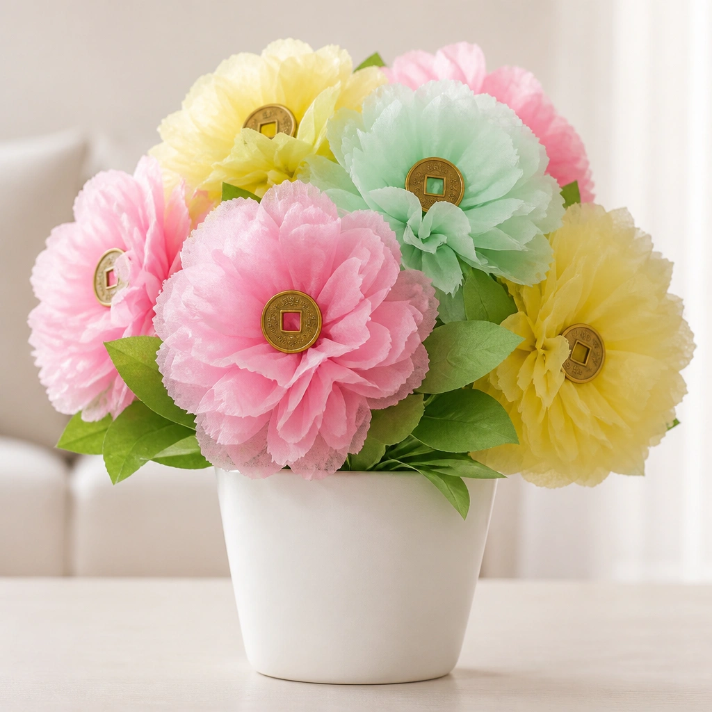 Colorful tissue puff flowers (pink, mint, yellow) with small coin-like money medallions pinned at the center, all arranged in a simple white pot.