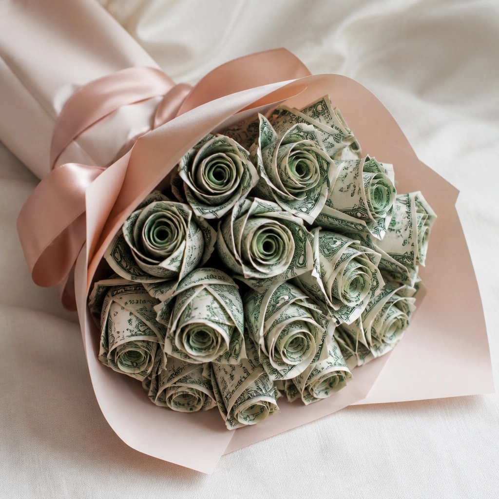 A bouquet of realistic-looking roses made from rolled dollar bills, wrapped in blush pink paper with a satin ribbon band.