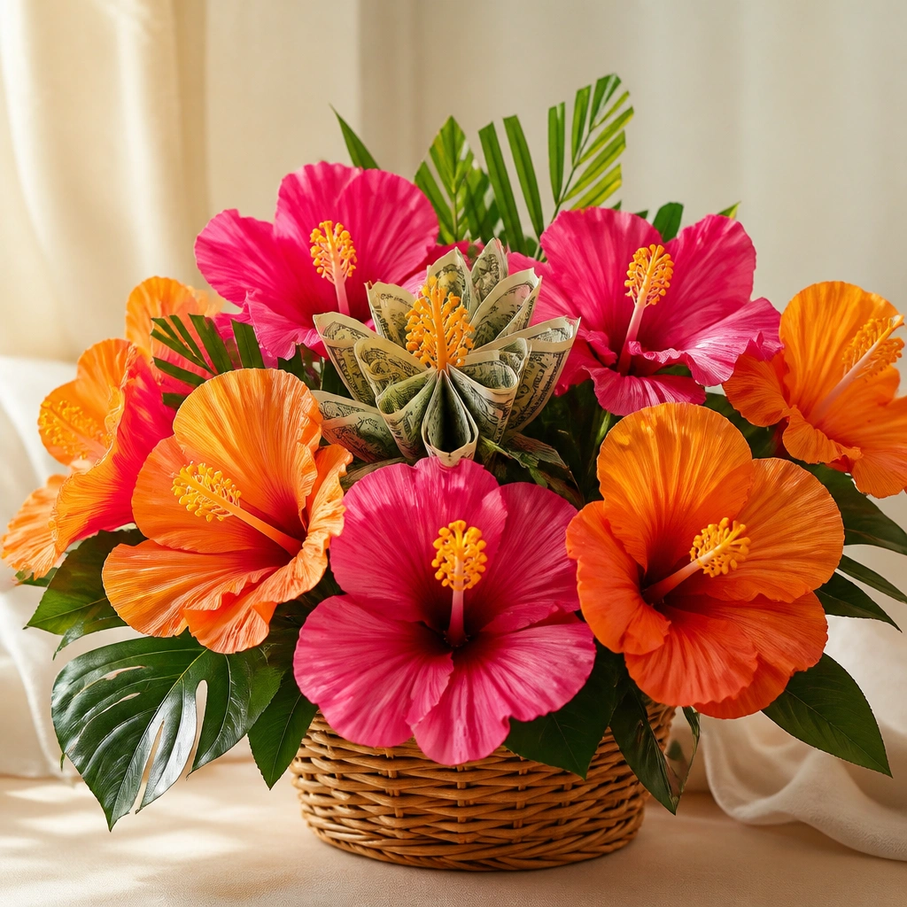 A vibrant hibiscus-style bouquet with large hot pink and orange ribbon petals and a yellow center made of folded bills, resting in a woven basket.