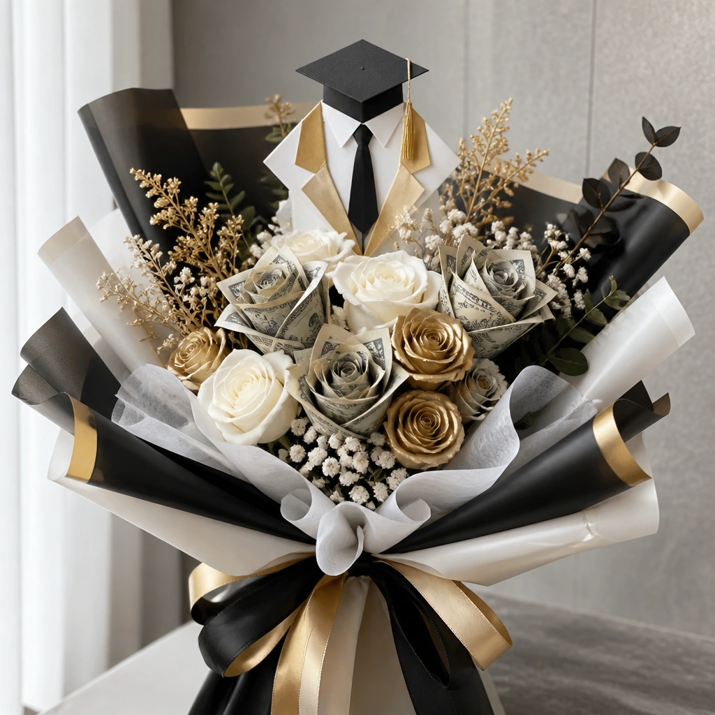 A bouquet with black, gold, and white color theme, featuring a small diploma-tie topper made from folded paper and several money “flowers” wrapped in ribbon.