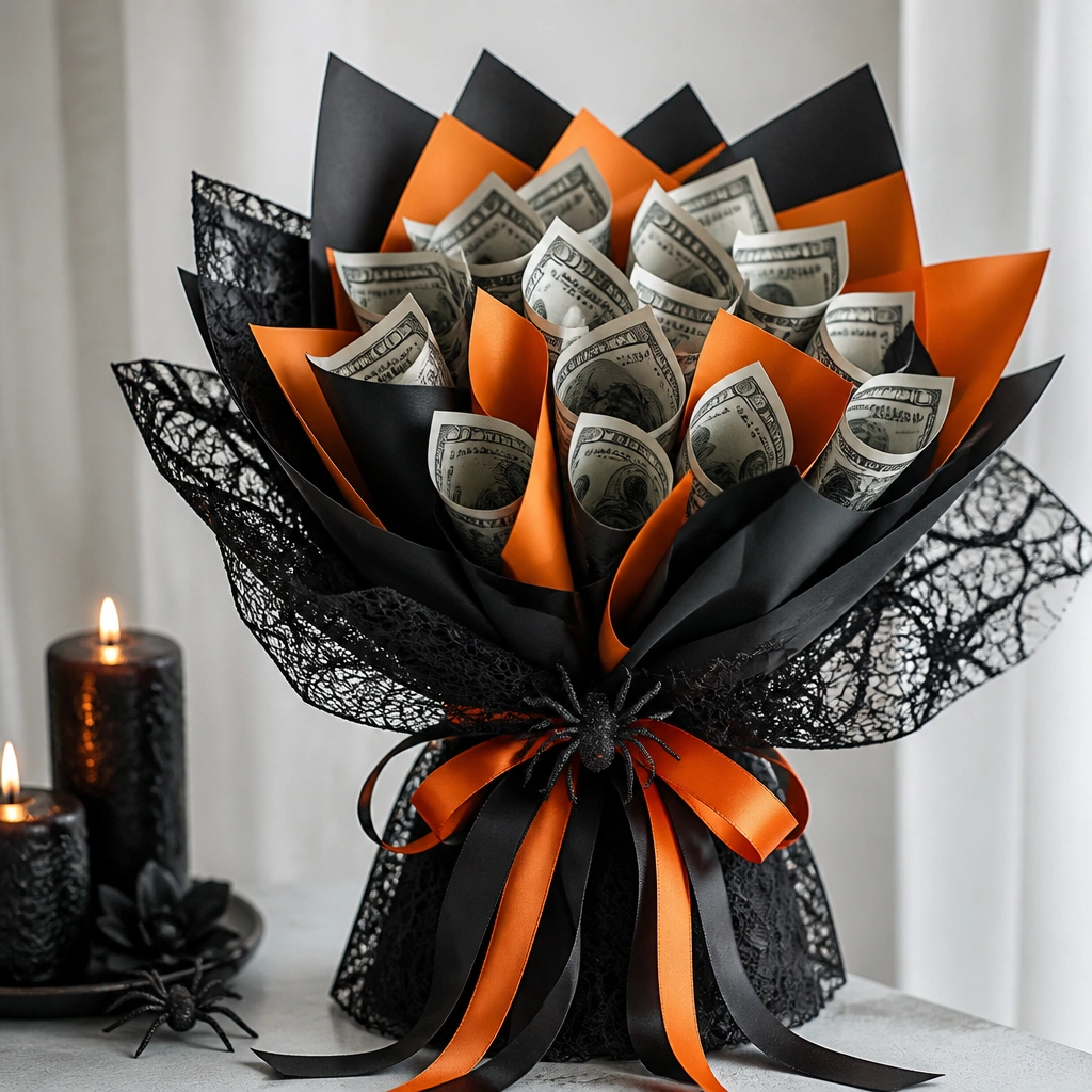 A black-and-orange money bouquet with black lace wrap, orange ribbon accents, and small faux spider decorations near the base.