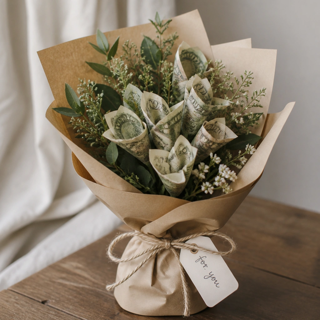 A neutral bouquet wrapped in kraft paper with twine, featuring small folded-bill blossoms and a simple white tag with handwritten text.