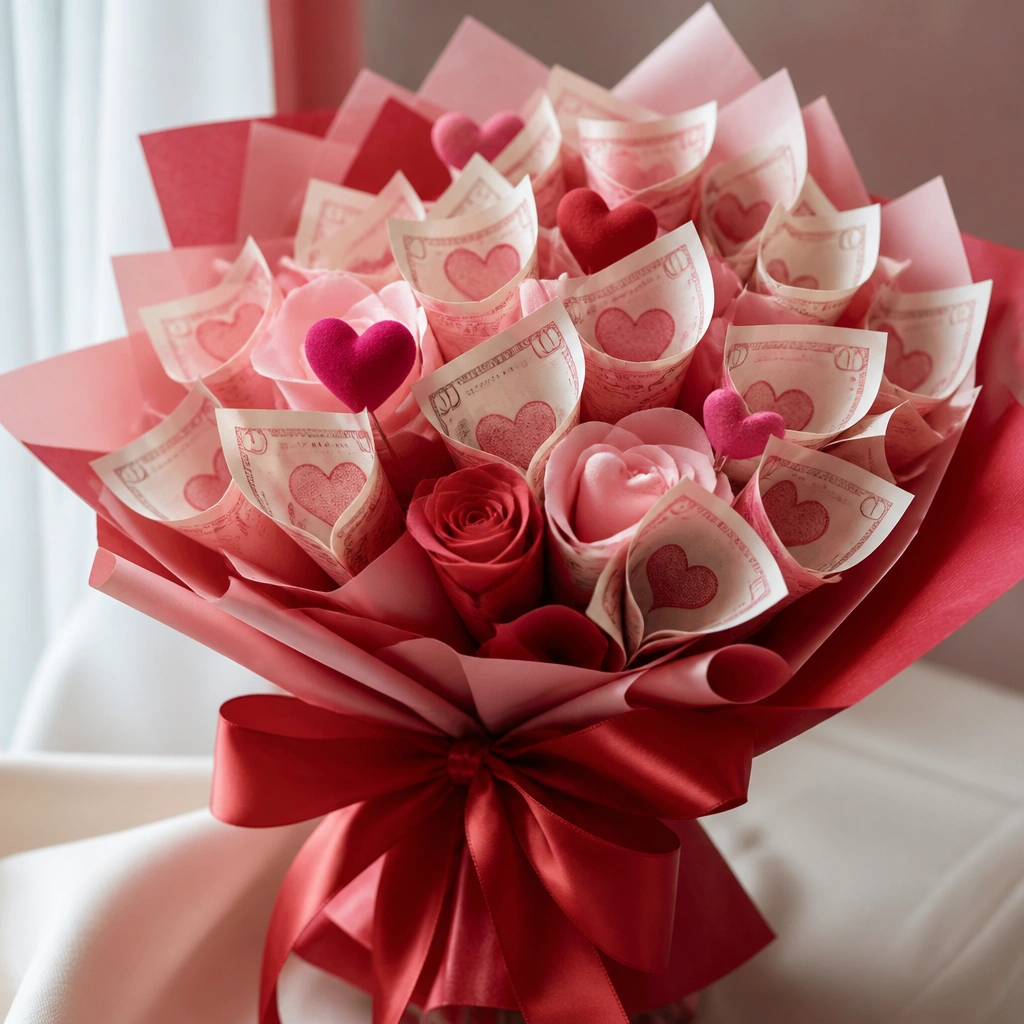 Red and pink heart-themed money bouquet with heart-stamped bill petals and a red satin ribbon bow at the front.