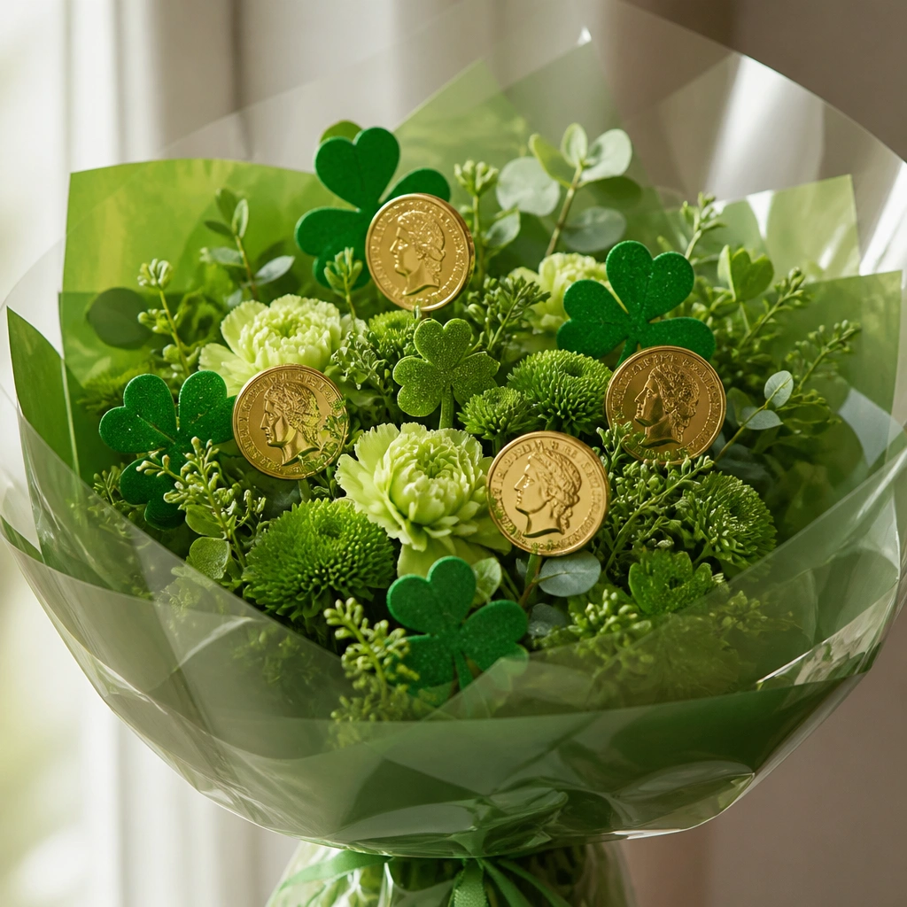 A green bouquet with shamrock-shaped accents and gold-toned money medallions pinned like flowers, wrapped in green cellophane.