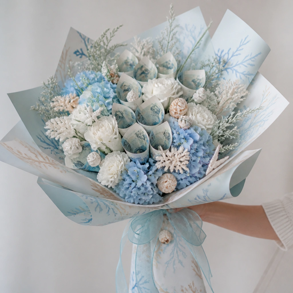 A light blue and white bouquet wrapped in coastal-themed paper with small faux seashells and money stems arranged like sea flowers.