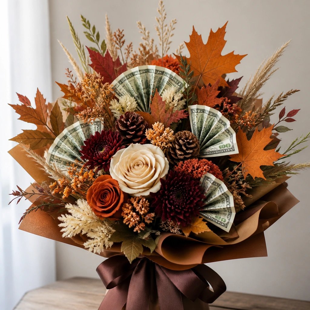 An autumn-themed bouquet with brown ribbon, rust-orange accents, and maple-leaf cutouts paired with folded bill fans.