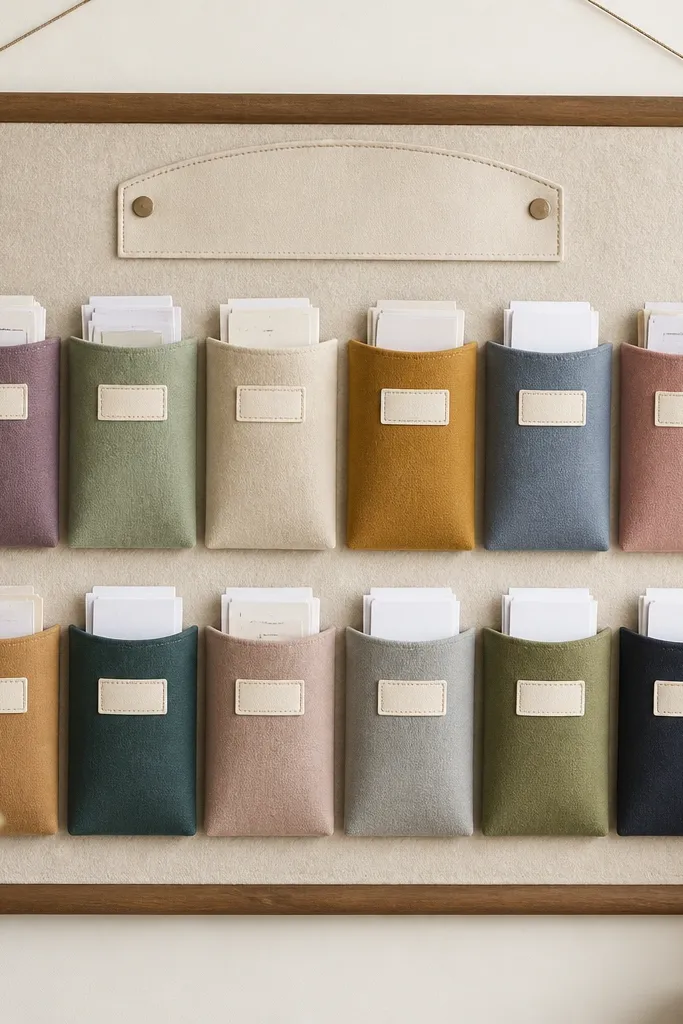 A felt board with 12 vertical fabric pockets labeled by month; each pocket holds folded prayer slips, and a small header says “This Month’s Focus.”