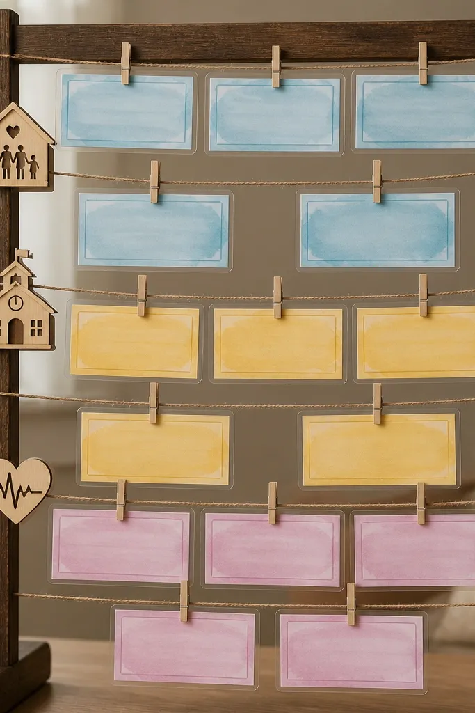 A wooden clothesline-style display with mini clothespins holding laminated verse strips; the strips alternate colors and are arranged by topic (family, school, health).