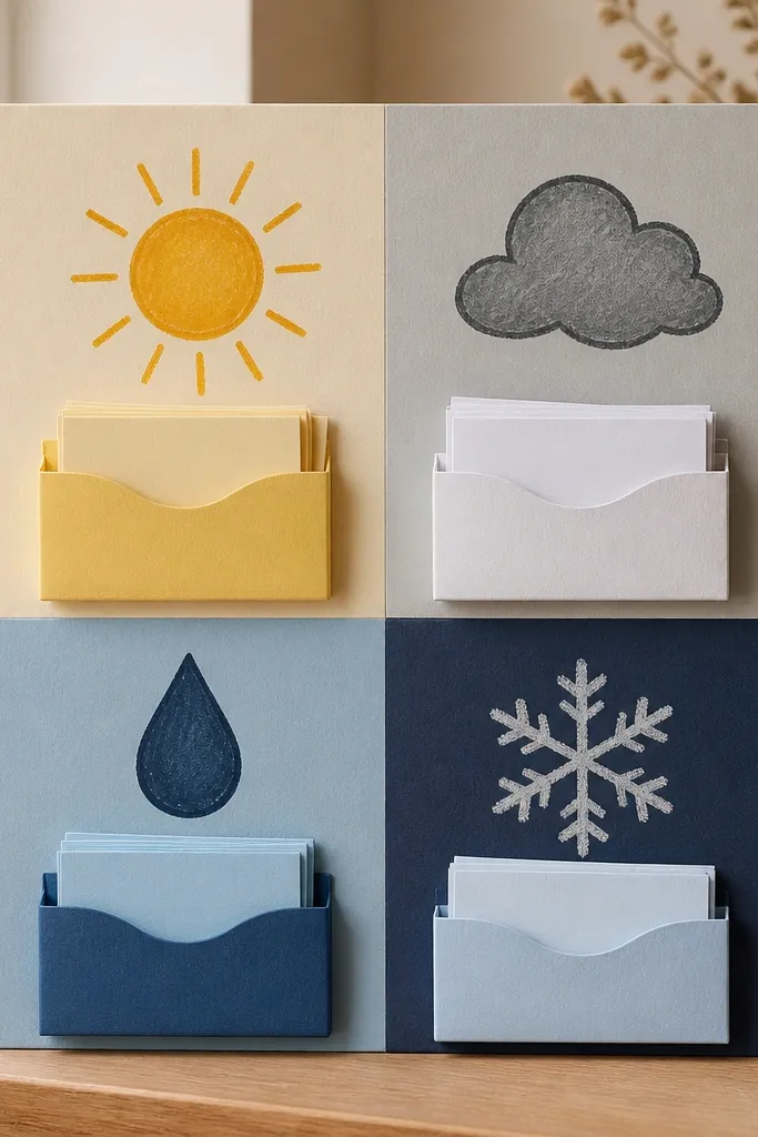 A prayer board split into four quadrants with weather icons hand-drawn on thick cardstock: sun, cloud, raindrop, and snowflake; each quadrant has a small pocket of matching prayer cards.