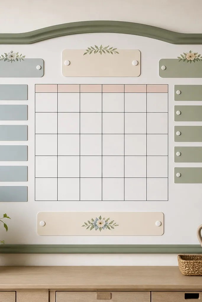 A smooth whiteboard panel with a painted border; magnetic labels form sections labeled “Thank You,” “Please,” and “My Family,” and the center has a dry-erase grid for weekly requests.
