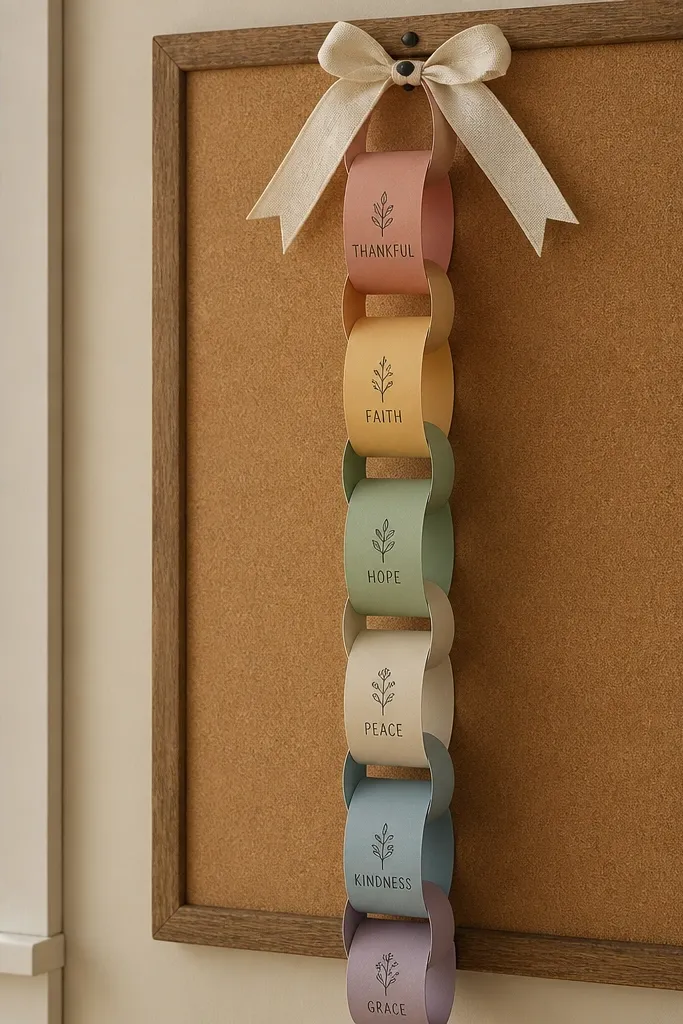 A board with a vertical paper chain made of linked cardstock strips; each link has a short prayer word, and a small ribbon at the top reads “Keep Adding.”