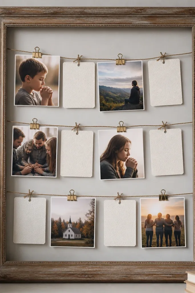 A large picture frame converted into a prayer board; inside, small photos are clipped with mini binder clips, and next to each photo is a laminated prompt card on a string.