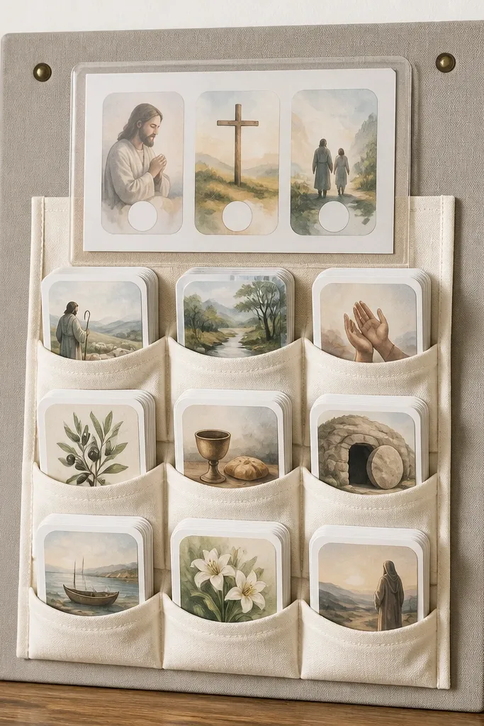 A fabric pocket organizer attached to a foam board; multiple pockets hold pre-cut prayer cards, and a top section holds a “Today’s 3” card on a clear sleeve.