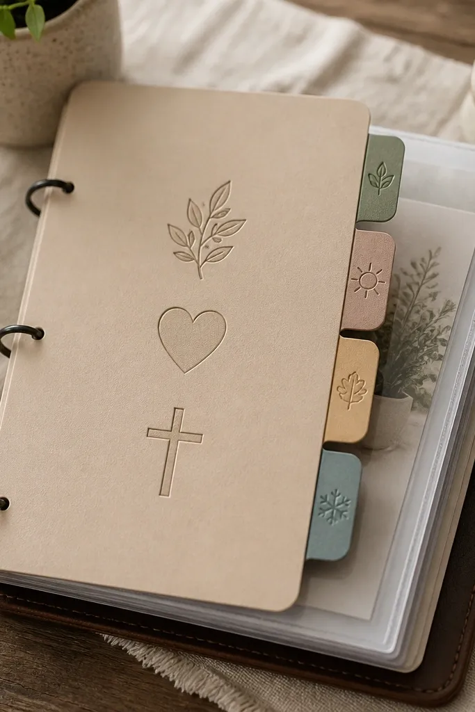 A binder-style prayer board with a rotating cover page; the cover has stamped icons (leaf, heart, cross) and tabs labeled by season, with insert pages behind clear plastic sleeves.