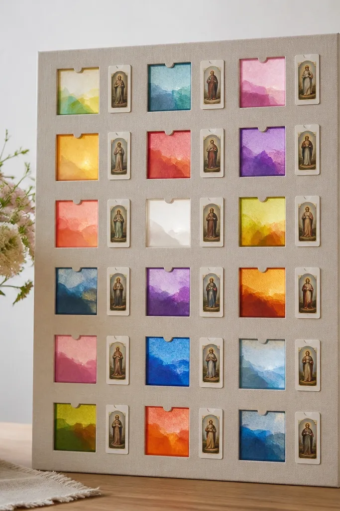 A board with small window-like squares made from translucent plastic; each window contains layered tissue paper colors and a tiny prayer card label on the side.