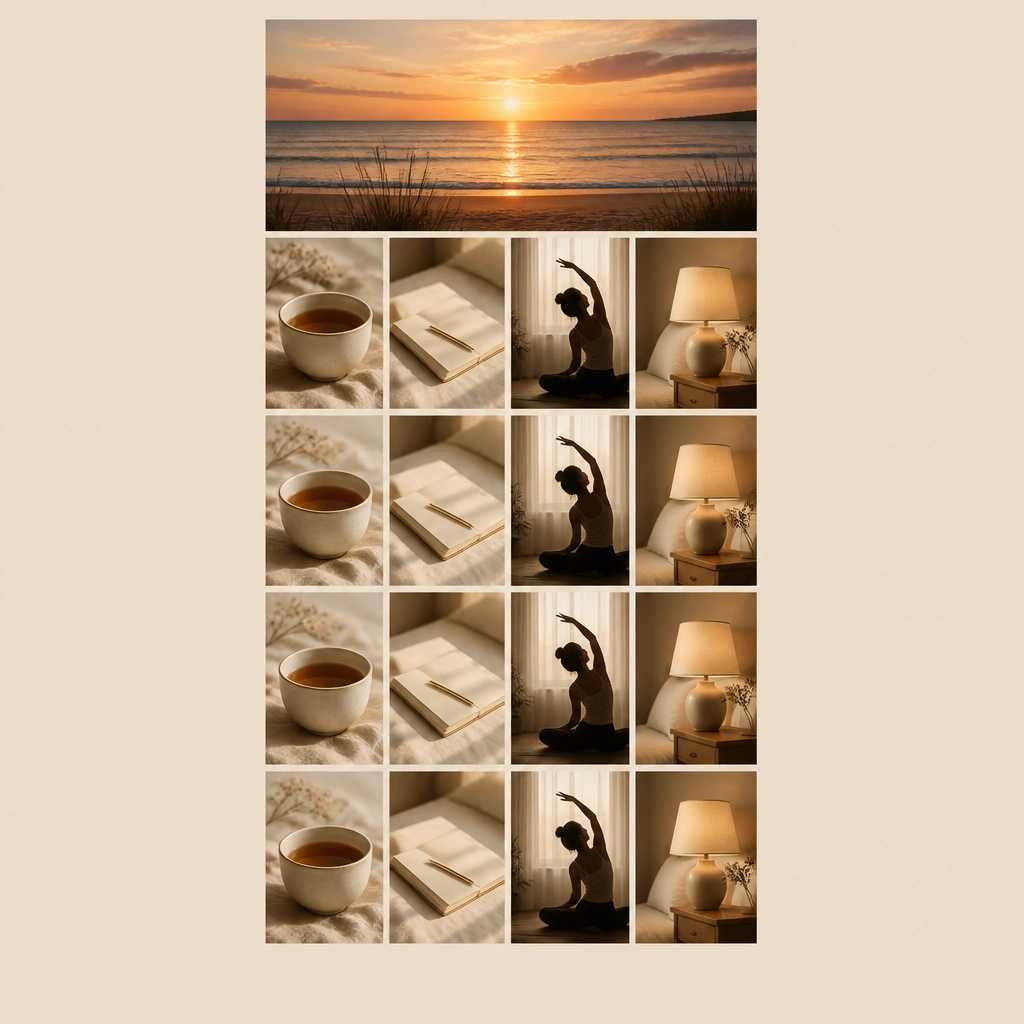 A board featuring a sunrise photo strip at the top, then repeated smaller images of tea, a journal, stretching silhouettes, and a bedside lamp. The layout uses a vertical column with consistent spacing and warm beige tones.