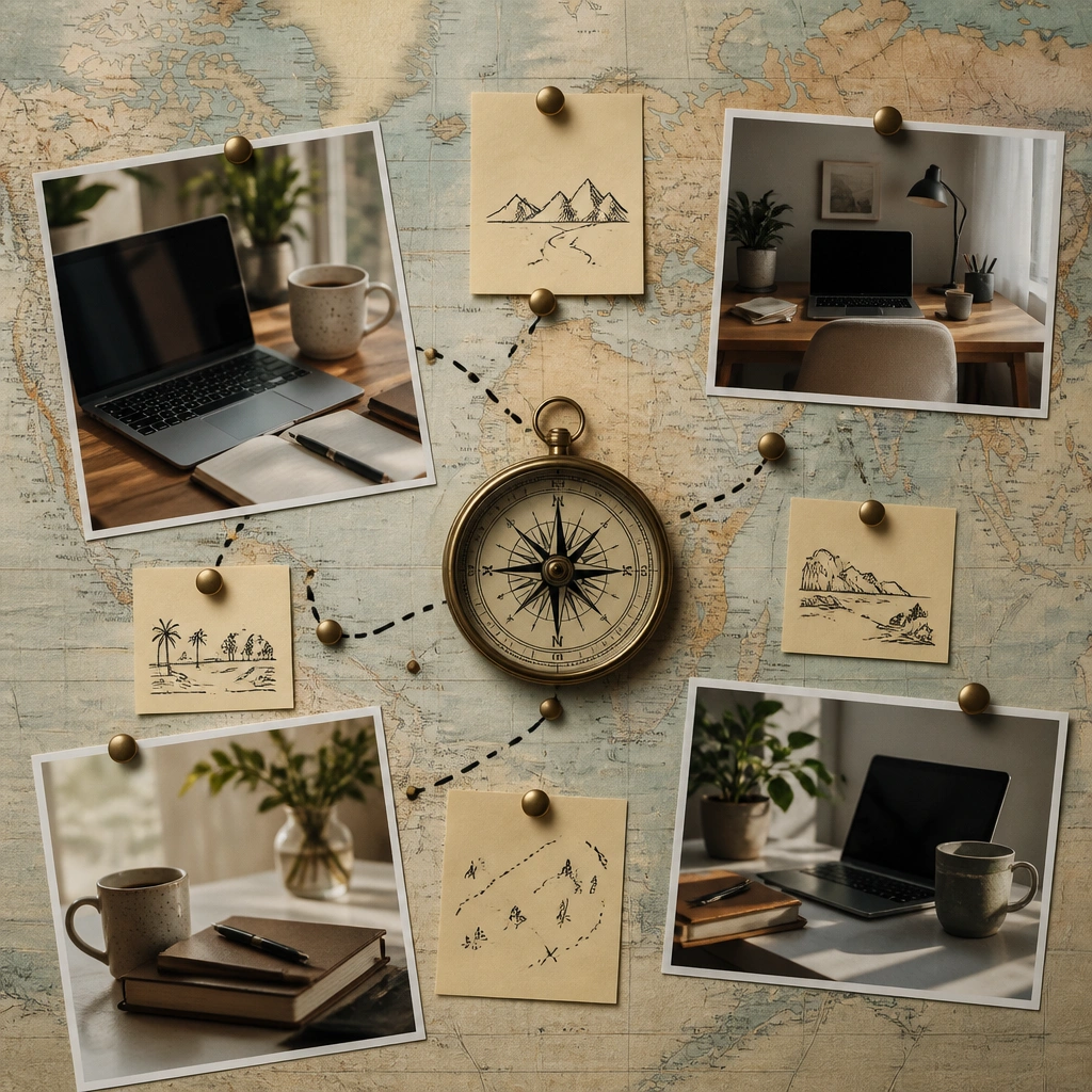 A vision board with a map-style background, a compass graphic in the center, and pinned photos of laptops, coffee cups, and a tidy workspace. Small sticky-note prompts are scattered like a “route plan.”