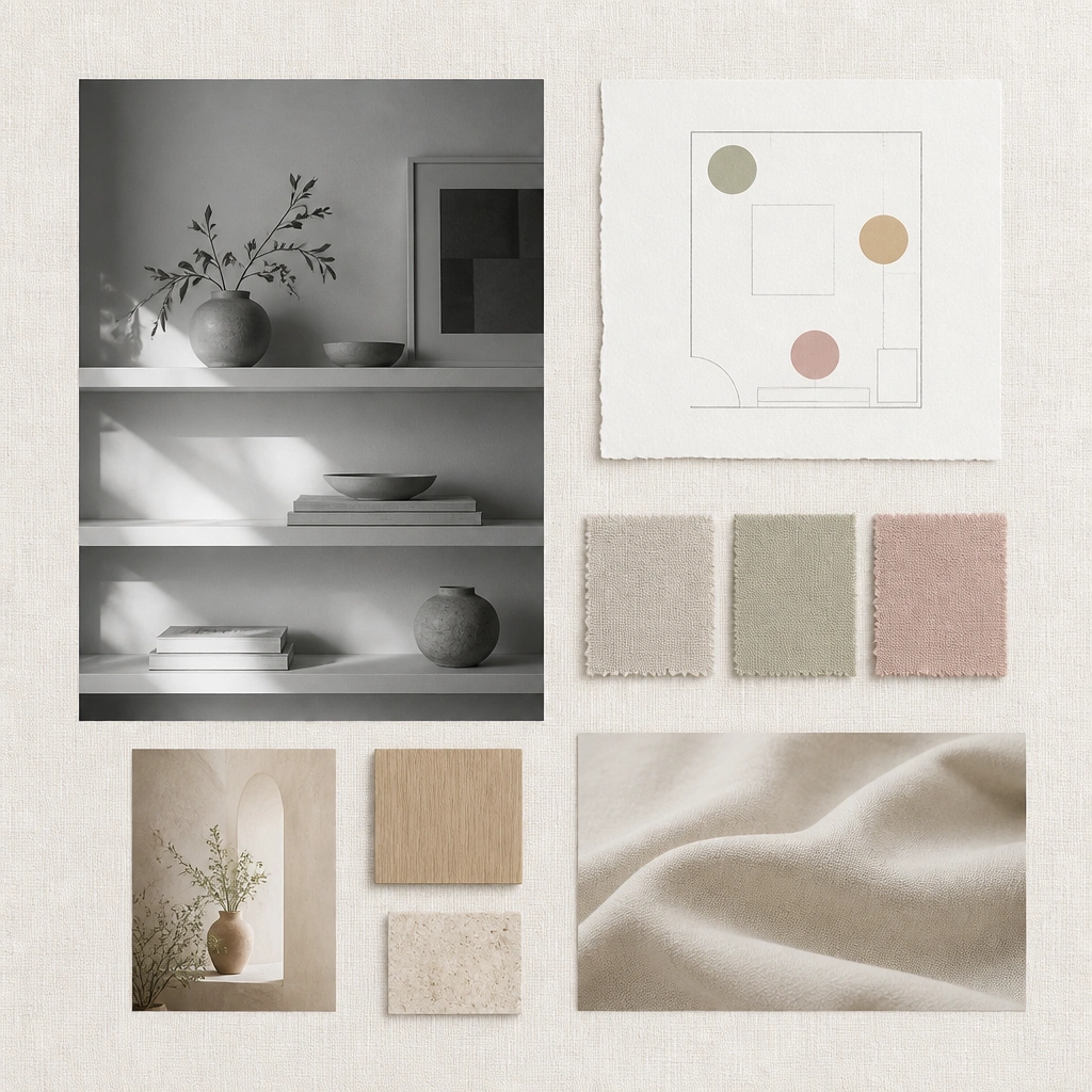 A minimal board with textured linen paper, a grayscale photo of an uncluttered shelf, and soft pastel accents. There’s a small “zones” diagram with labeled stickers: entry, desk, nightstand.