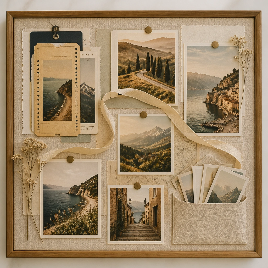 A board showing layered ticket stubs, a ribbon “route” across the page, and landscape photos in consistent warm tones. A small pocket holds tiny destination cards.