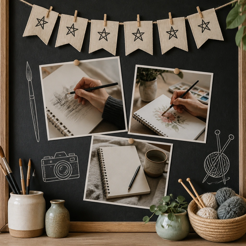A board with a chalkboard-style background, doodled icons of a paintbrush, camera, and knitting needles. Photos show sketching hands and a notebook, with a “practice streak” banner across the top.