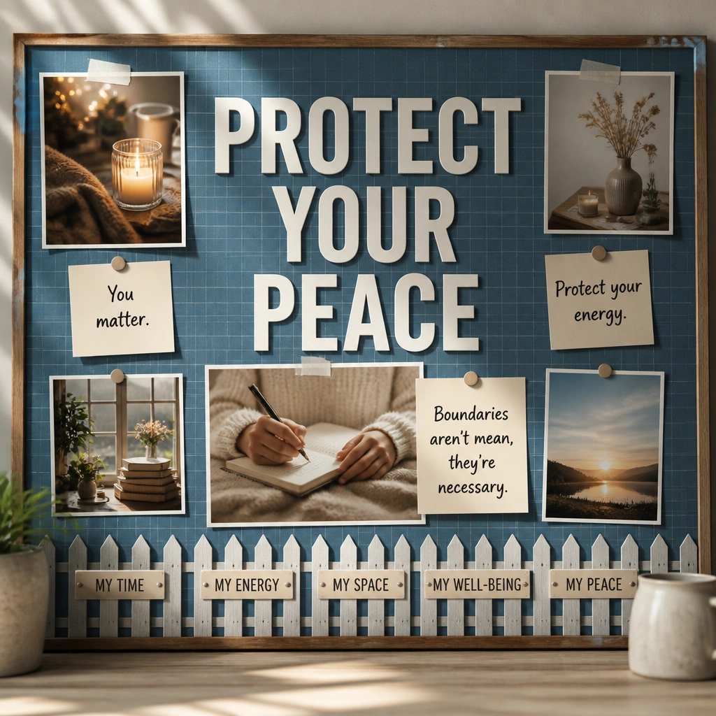 A board with a blueprint grid background, bold block letters, and photos of journaling, cozy lighting, and supportive quotes. A boundary “fence” graphic runs along the bottom with small label tags.