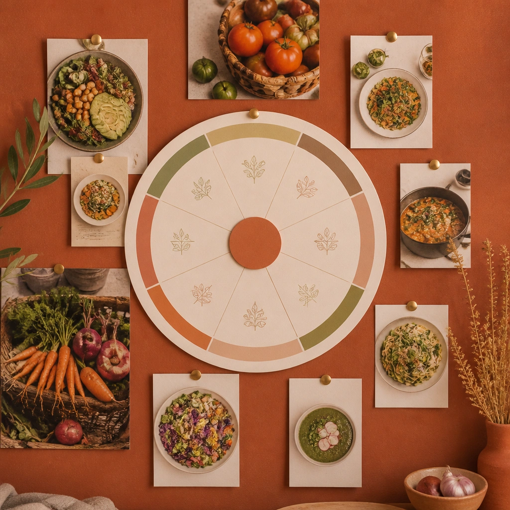 A vision board themed around meals with a warm terracotta background, photos of colorful produce, and a simple monthly meal wheel in the center. Small recipe cards are pinned around the wheel.
