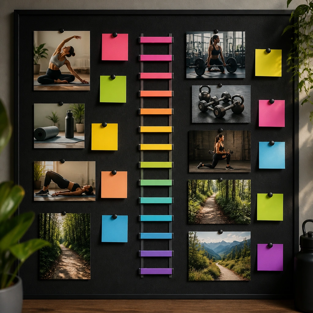 A board with a deep charcoal background, neon-accent sticky notes, and photos of stretching, strength training, and walking trails. A vertical “progress ladder” graphic sits in the middle.