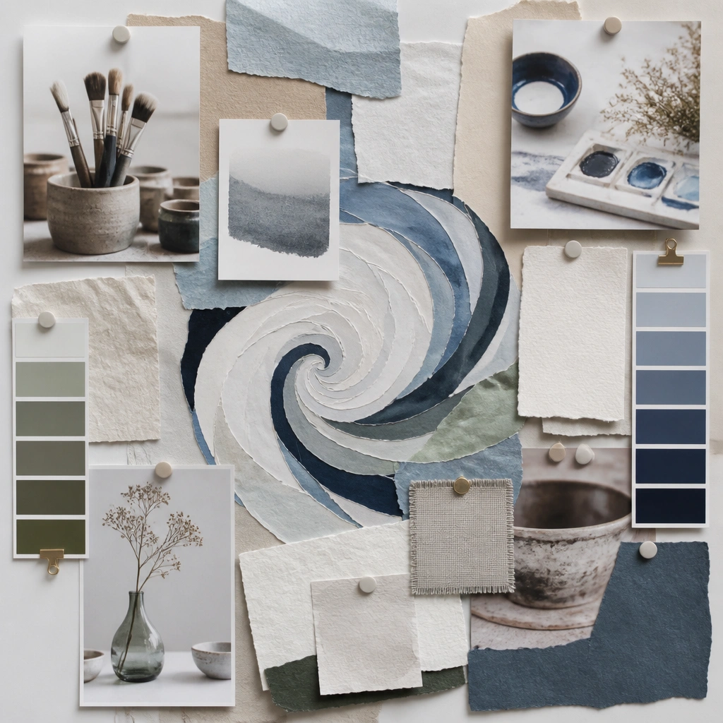 A board with layered tissue paper textures, paint-swatch strips, and photos of art supplies. There’s a central “flow” swirl made from cut-out paper, with small quote cards around it.