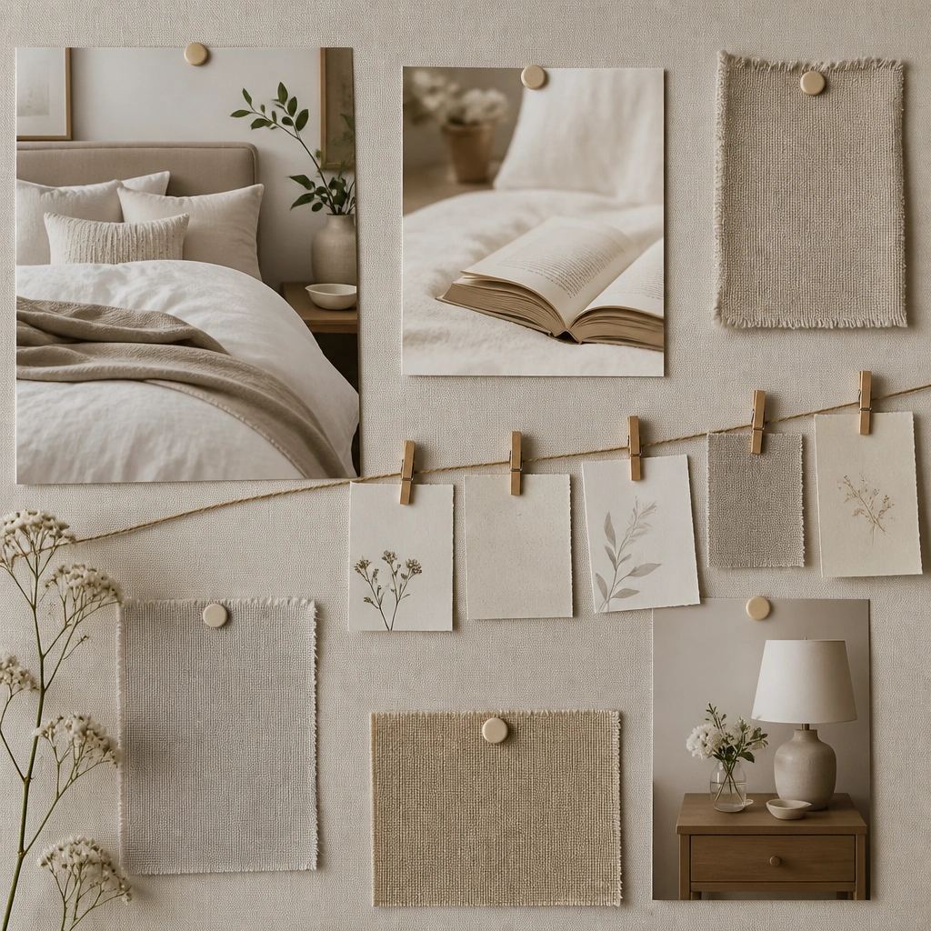 A warm, soft board with cream and light gray tones, photos of a made bed, an open book, and a nightstand. A string with mini clothespins holds small “sleep rules” cards.